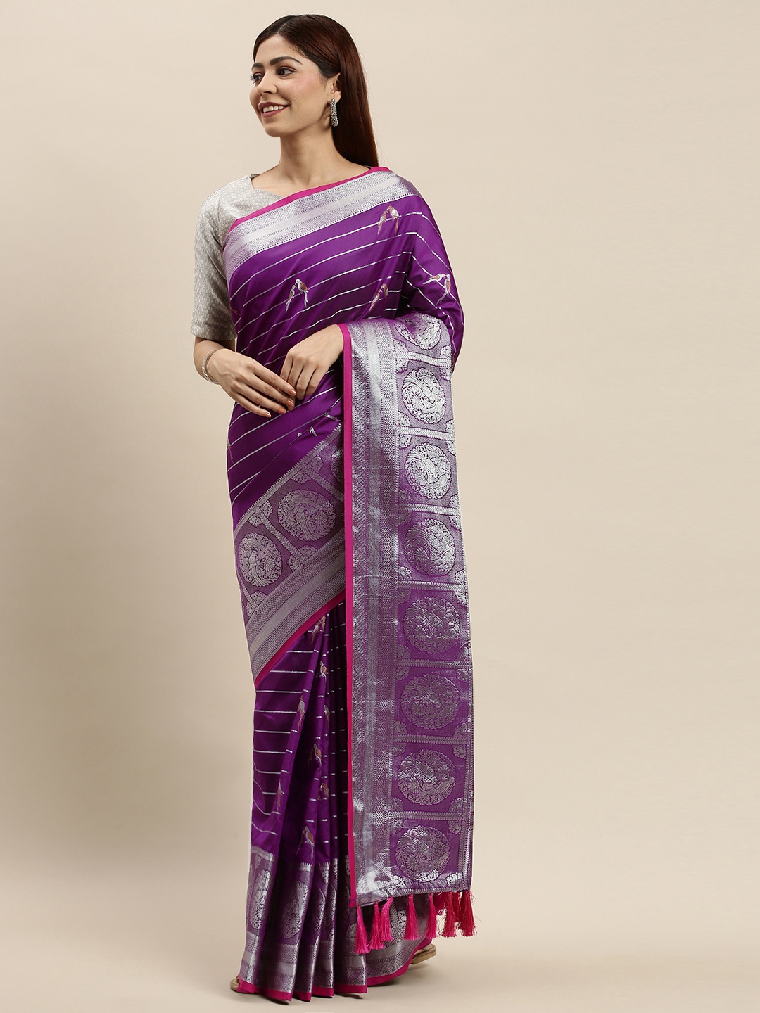 

VASTRANAND Purple & Silver-Toned Striped Banarasi Saree