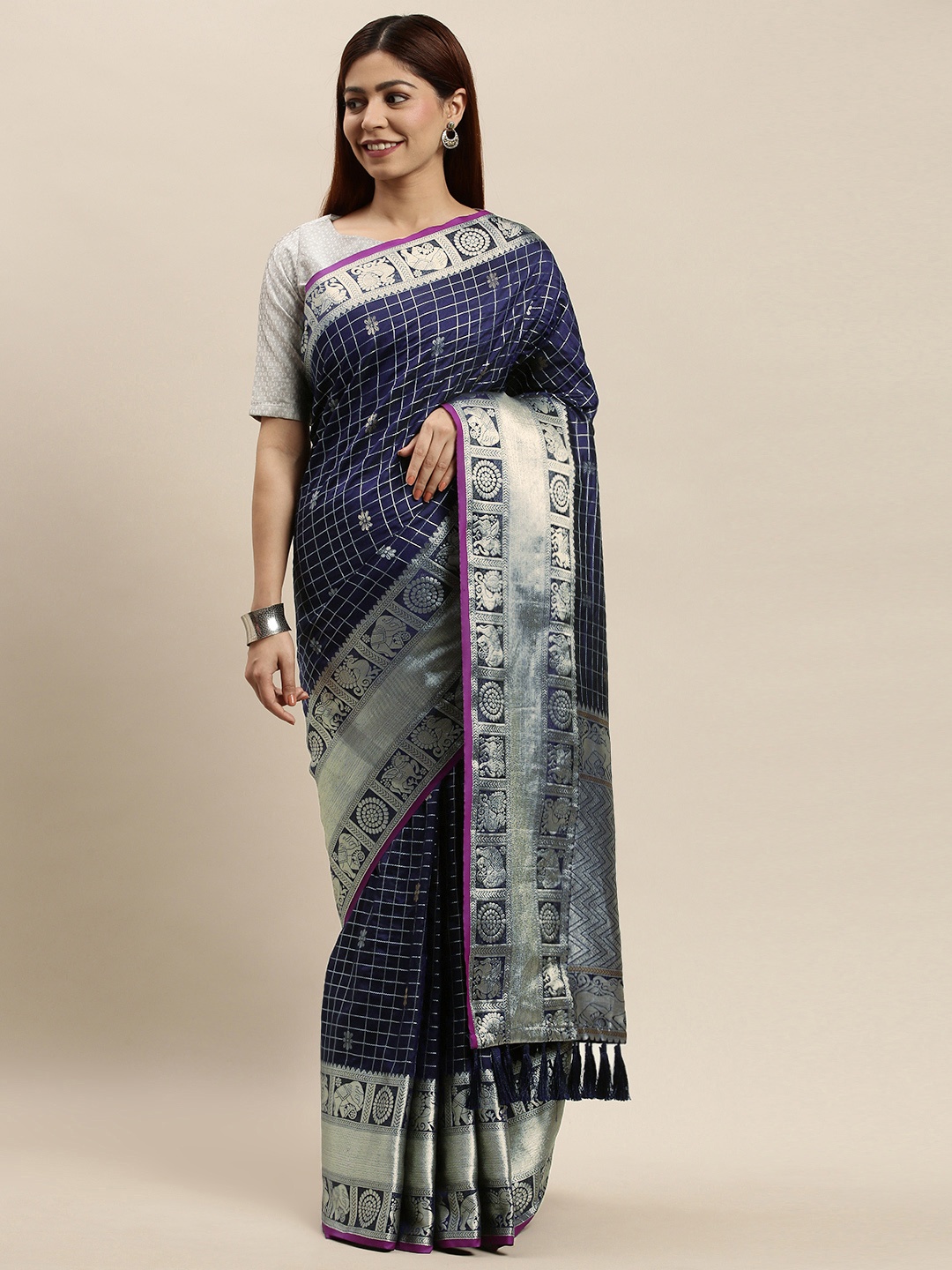

VASTRANAND Navy Blue Checked Banarasi Saree
