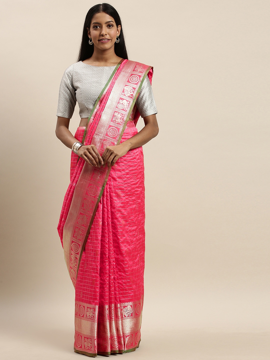 

VASTRANAND Peach-Coloured Checked Banarasi Saree