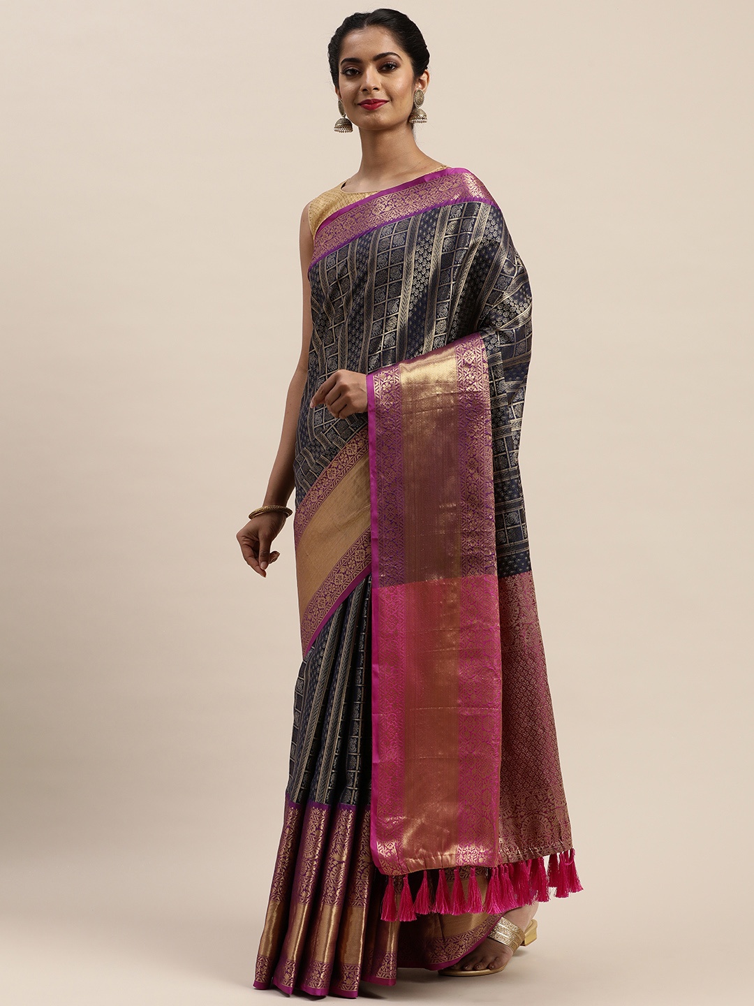 

VASTRANAND Navy Blue & Gold-Toned Woven Design Banarasi Saree