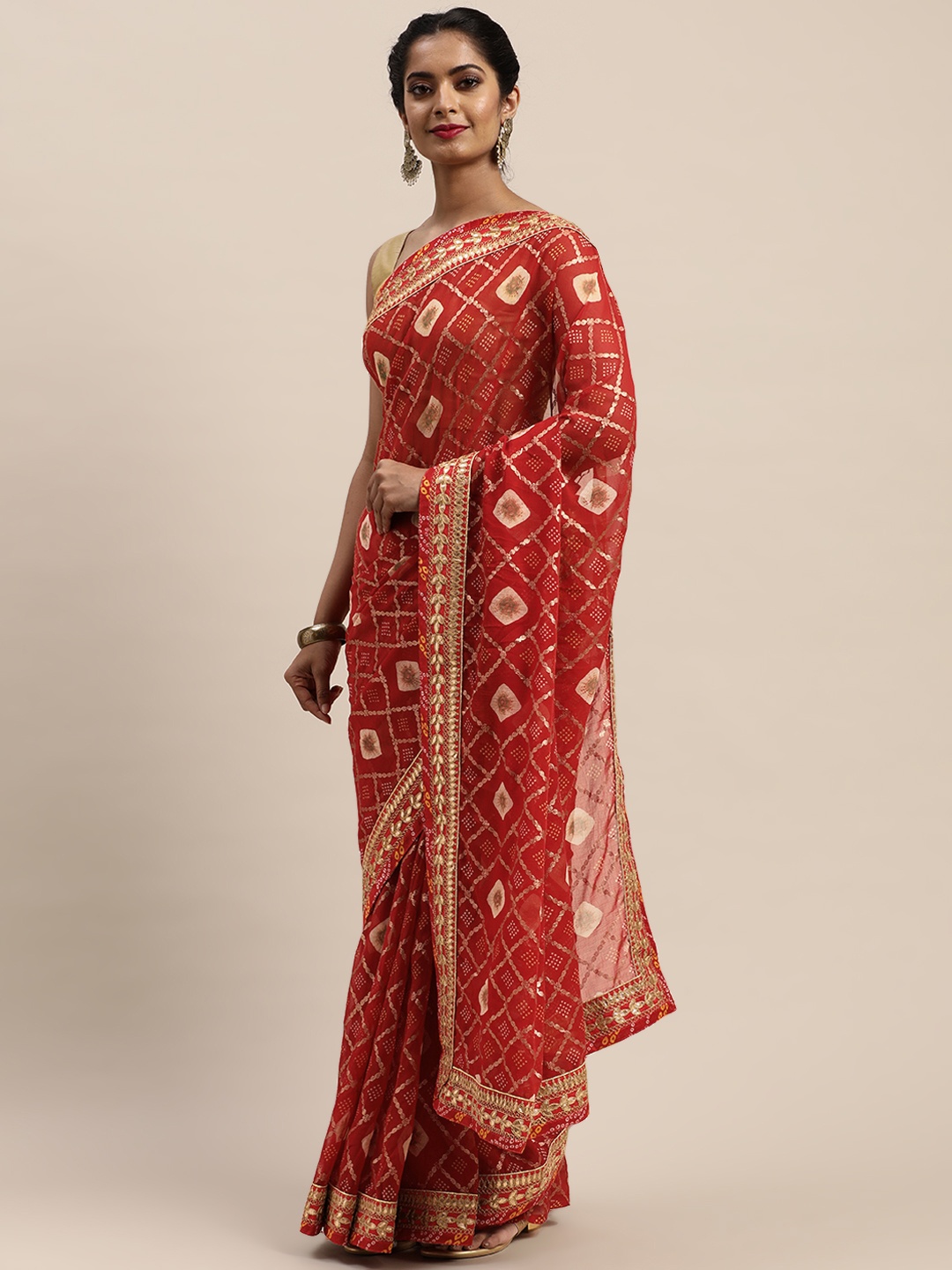 

VASTRANAND Orange Poly Georgette Printed Bandhani Saree