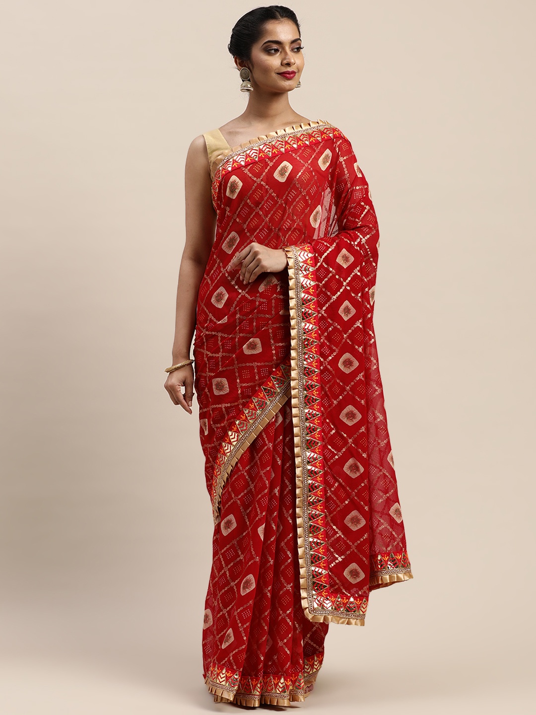 

VASTRANAND Maroon & Gold-Toned Printed Bandhani Saree