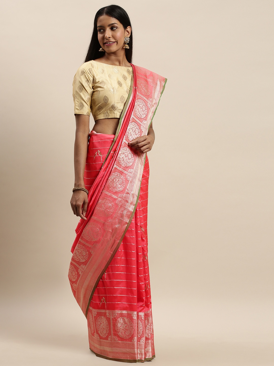 

VASTRANAND Peach-Coloured Striped Banarasi Saree