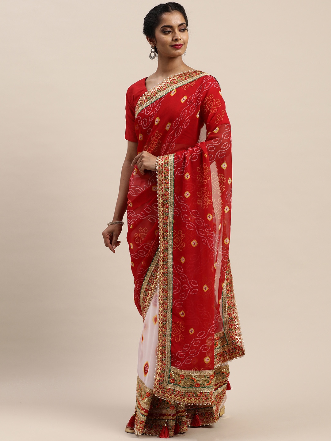 

VASTRANAND Red & White Poly Georgette Printed Bandhani Half & Half Celebrity Saree