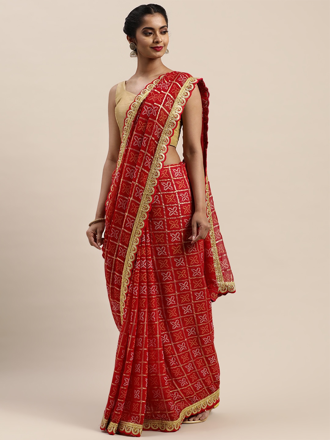

VASTRANAND Maroon & Beige Printed Bandhani Saree