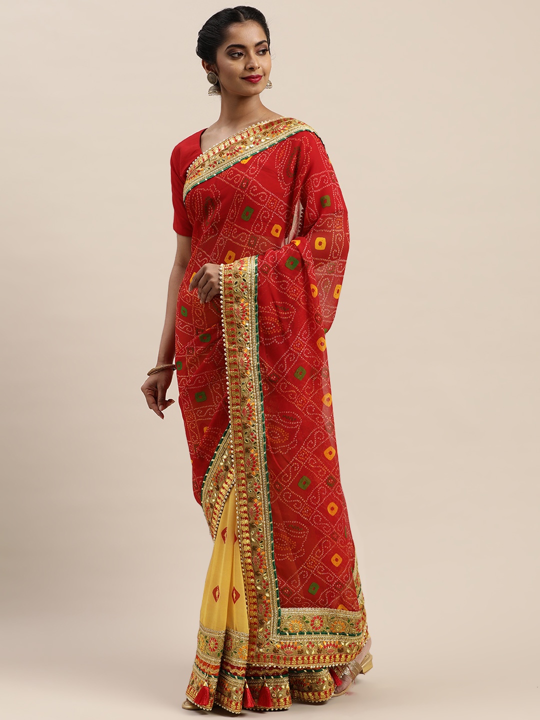 

VASTRANAND Red & Yellow Poly Georgette Printed Bandhani Saree