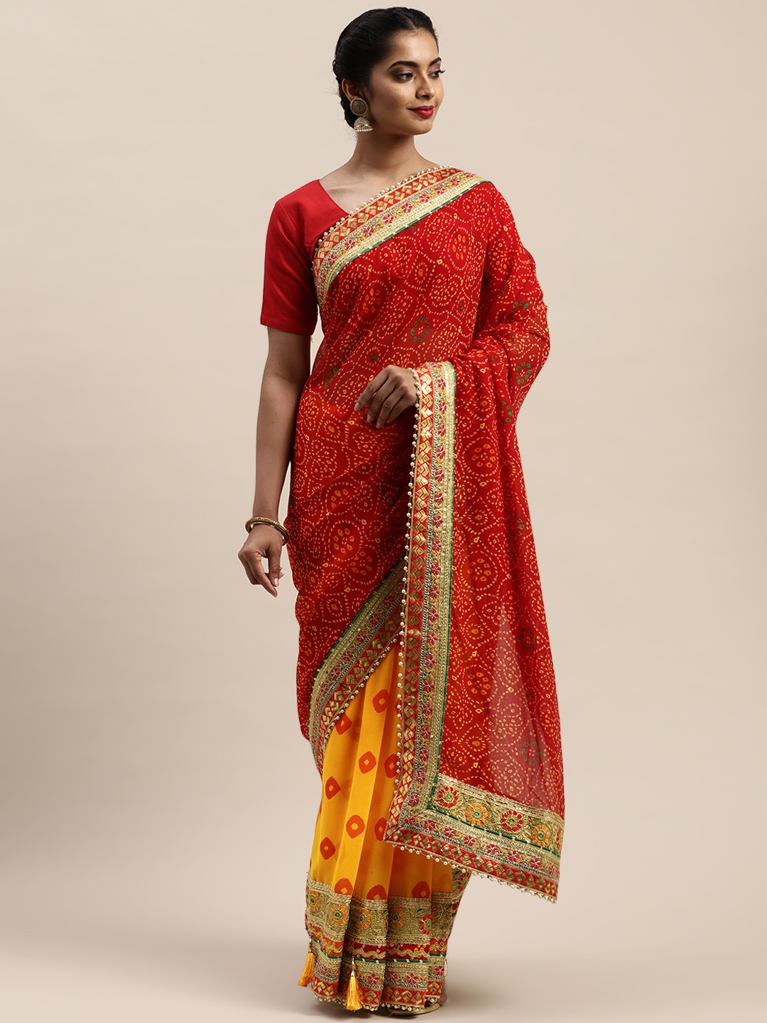 

VASTRANAND Red & Yellow Poly Georgette Printed Bandhani Saree