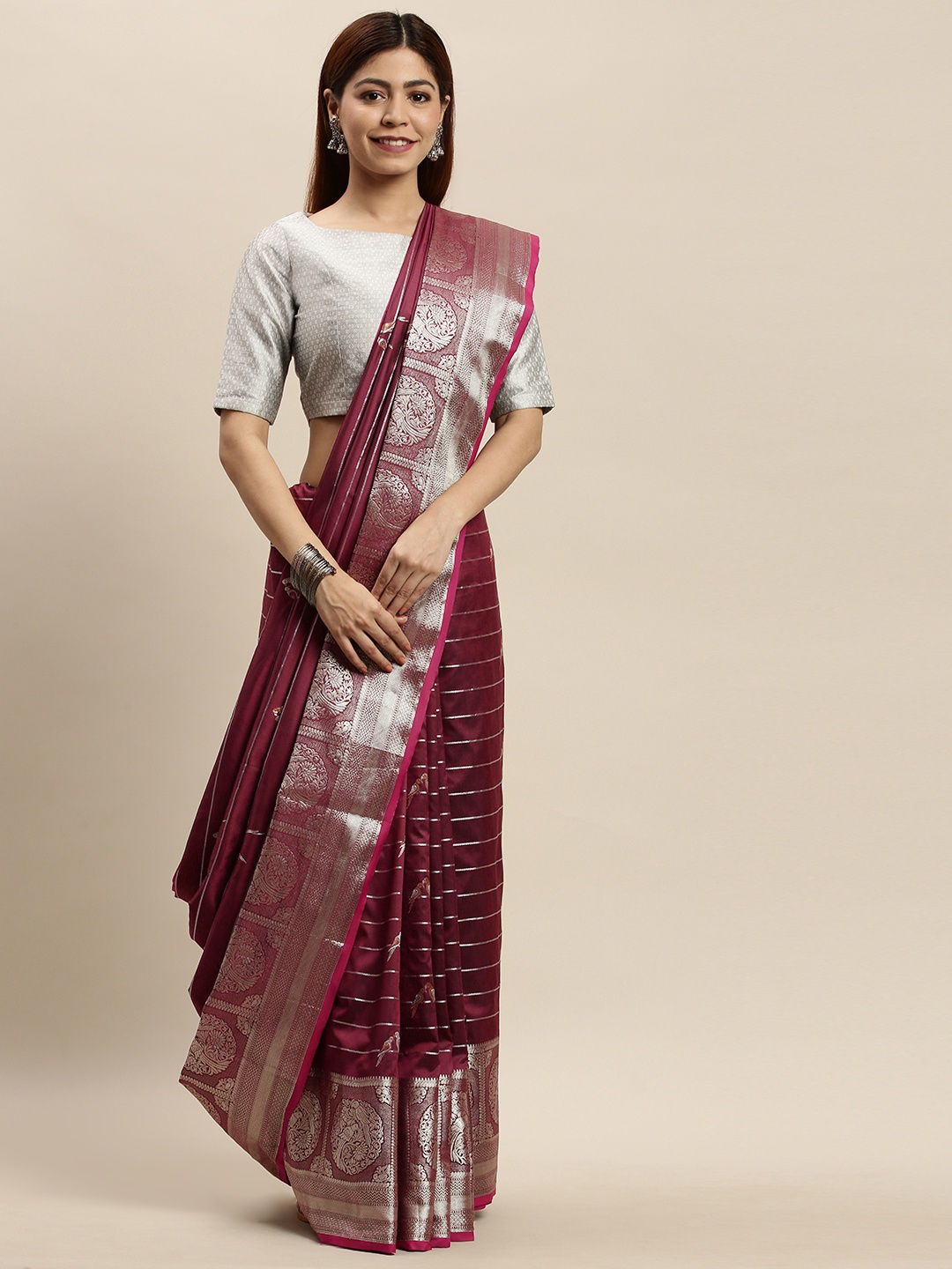 

VASTRANAND Maroon & Silver-Toned Striped Banarasi Saree