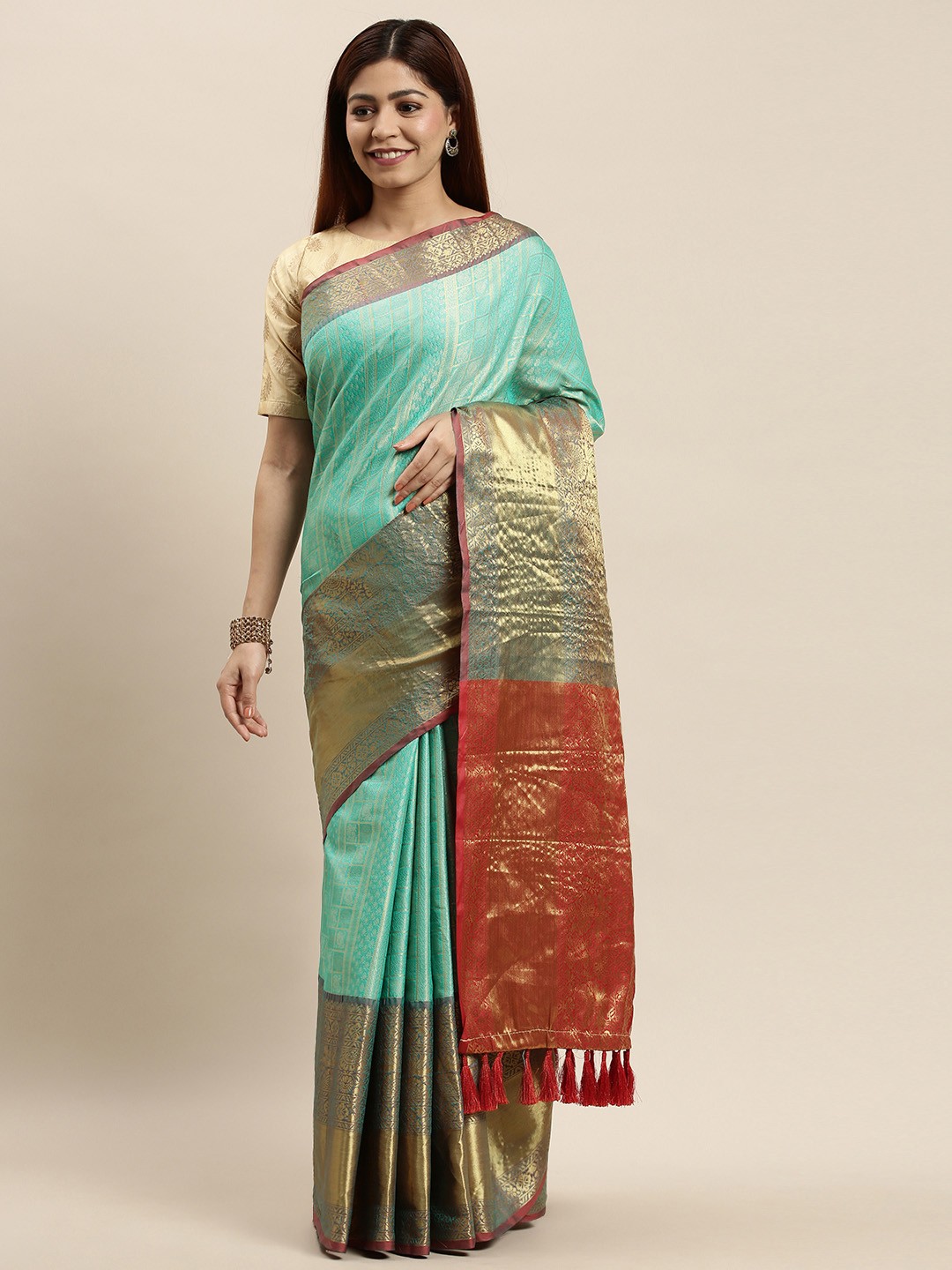 

VASTRANAND Turquoise Blue Silk Cotton Woven Design Banarasi Saree