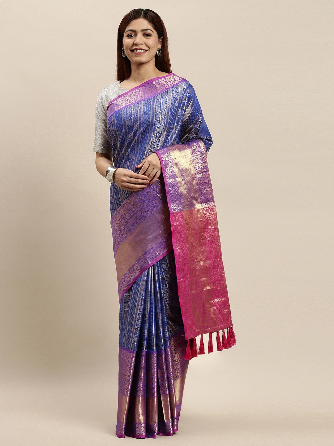 

VASTRANAND Blue Silk Cotton Woven Design Banarasi Saree