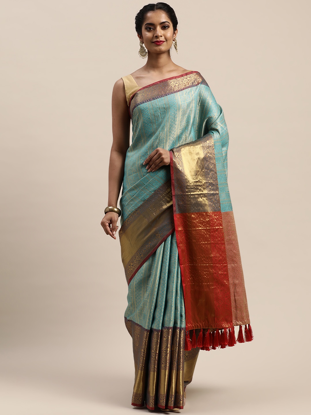 

VASTRANAND Sea Green & Gold-Toned Woven Design Banarasi Saree