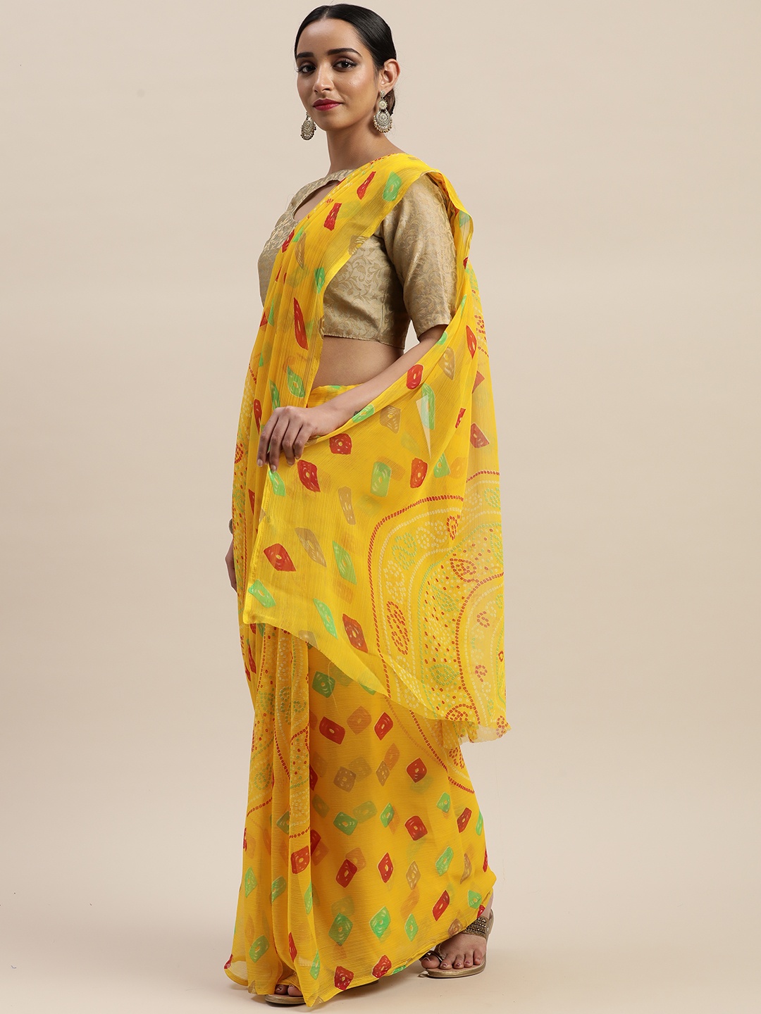 

LADUSAA Yellow Poly Chiffon Printed Bandhani Saree