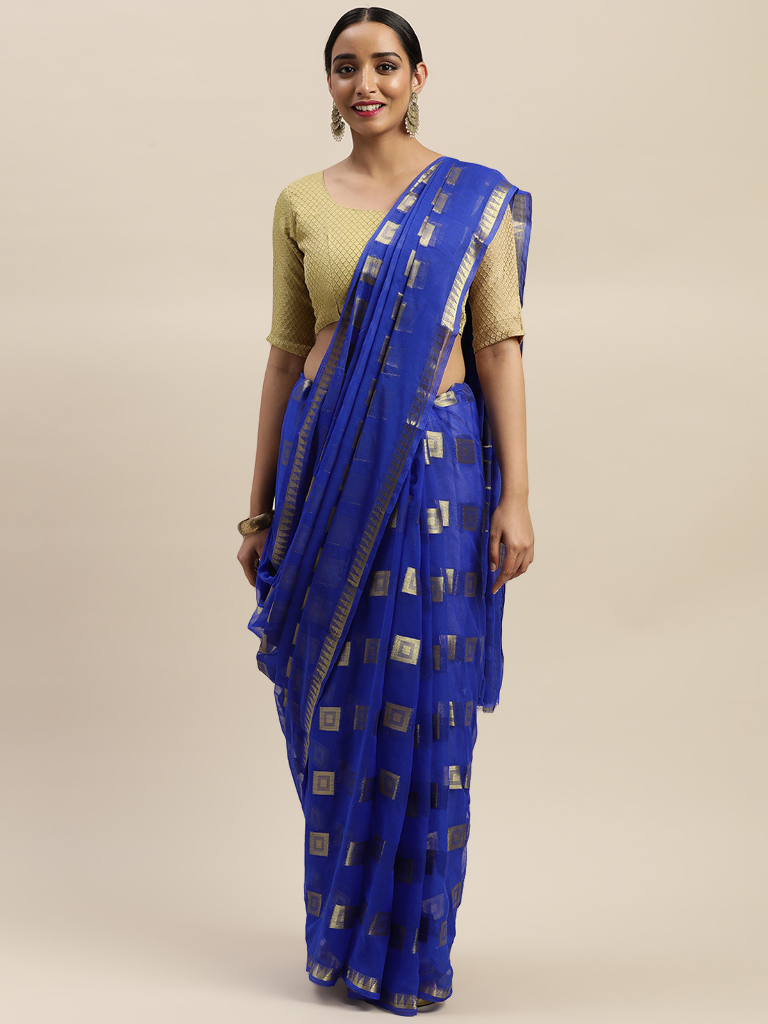 

LADUSAA Blue & Gold-Coloured Woven Design Celebrity Saree