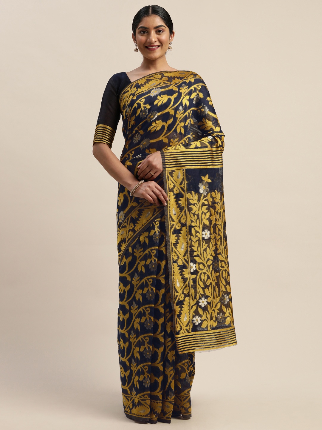 

LADUSAA Mustard Yellow & Black Silk Cotton Woven Design Jamdani Saree