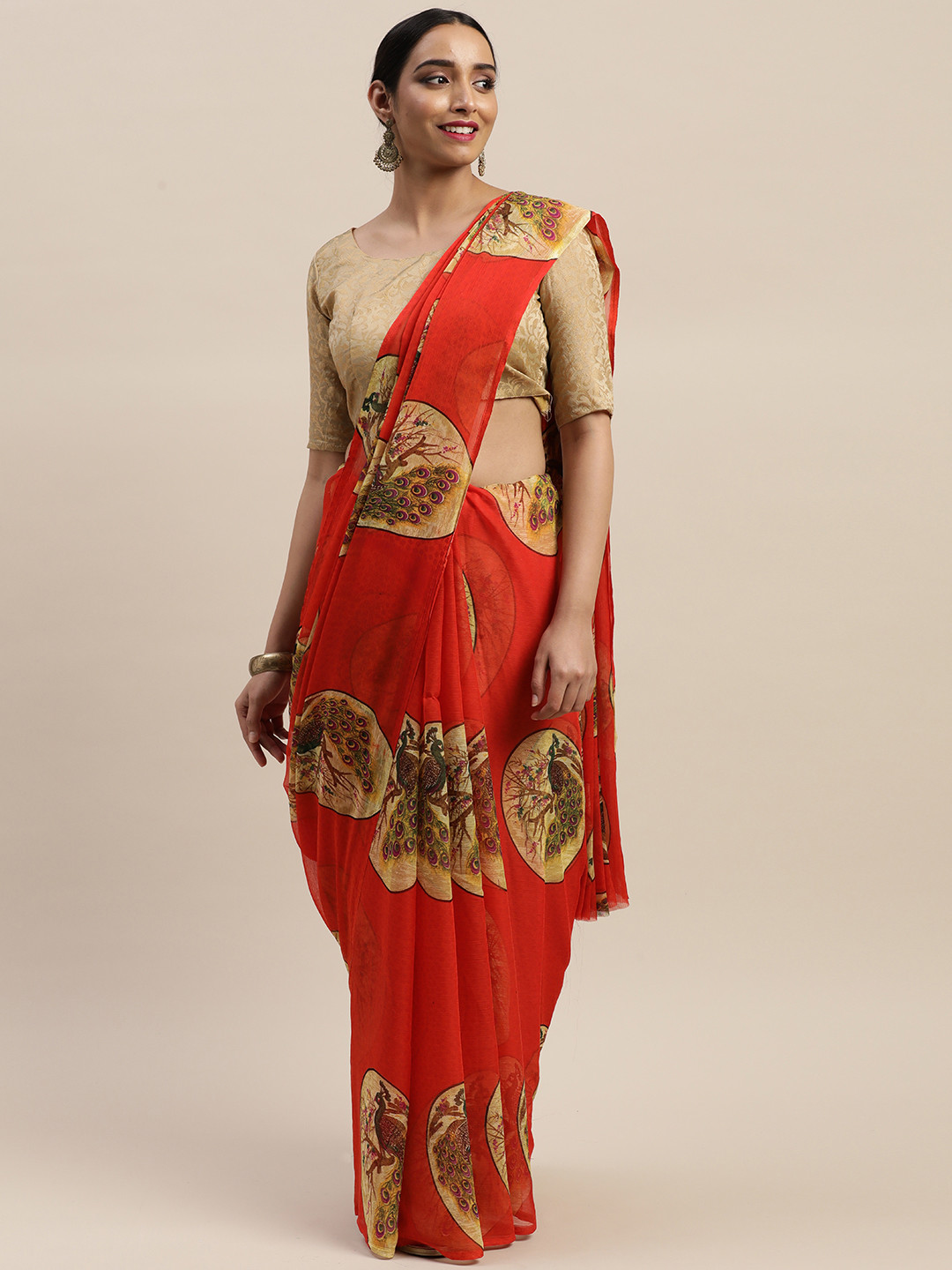 

LADUSAA Maroon Poly Chiffon Printed Bandhani Saree