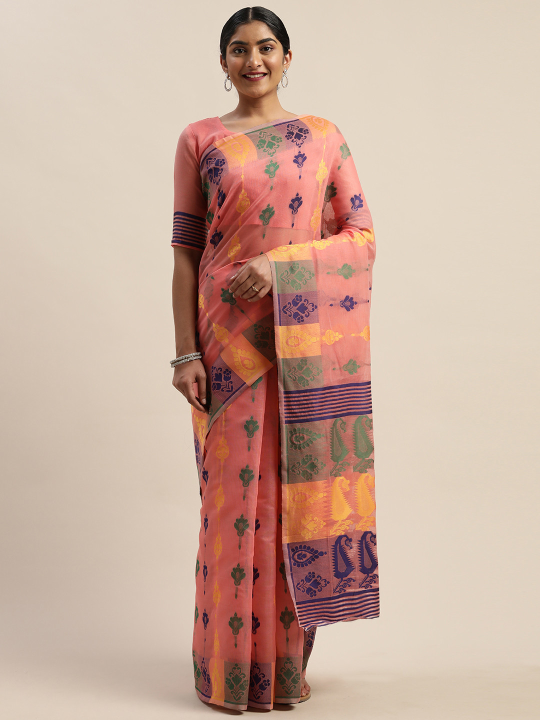

LADUSAA Pink & Green Woven Design Jamdani Saree