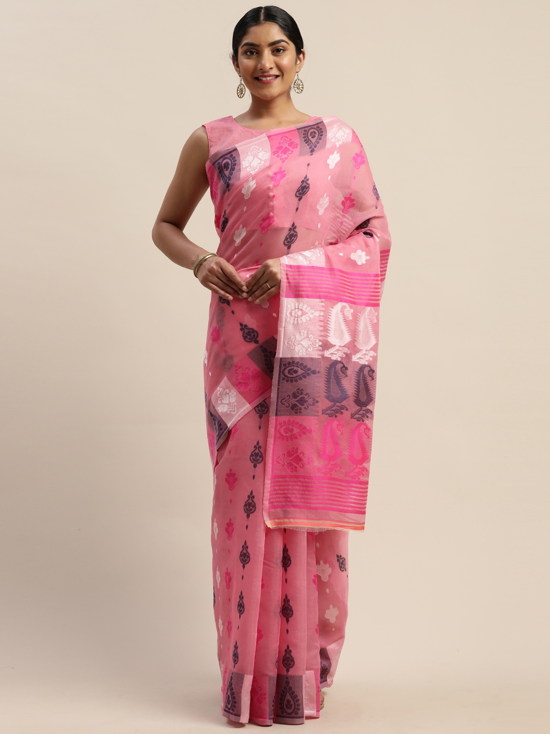 

LADUSAA Pink Silk Cotton Woven Design Jamdani Saree