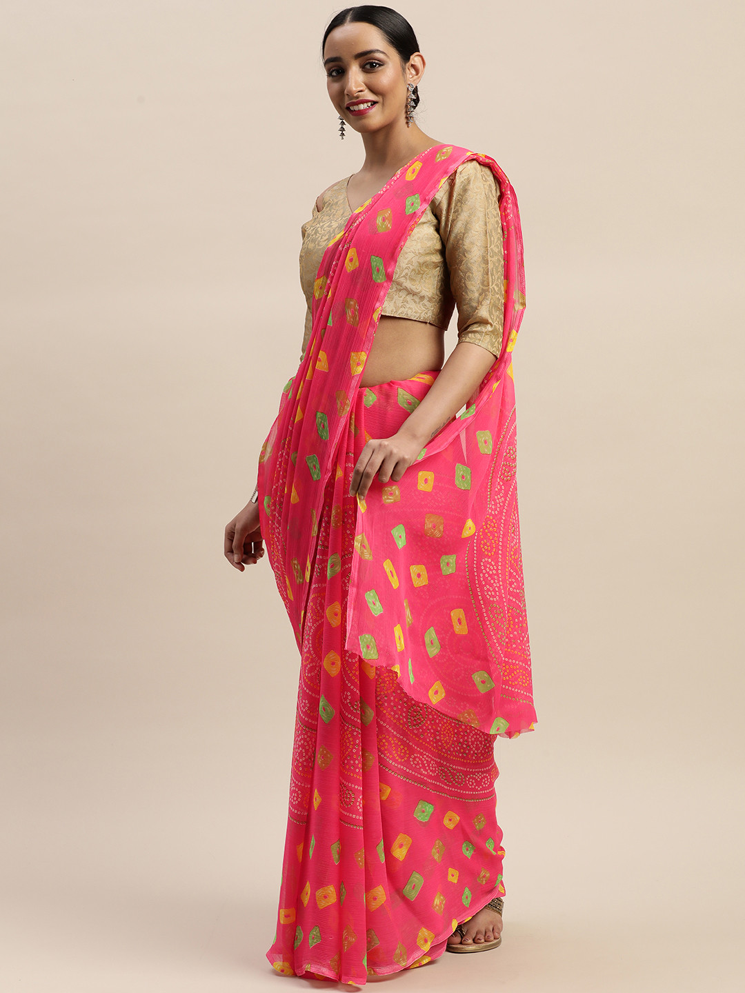 

LADUSAA Pink Poly Chiffon Printed Bandhani Saree