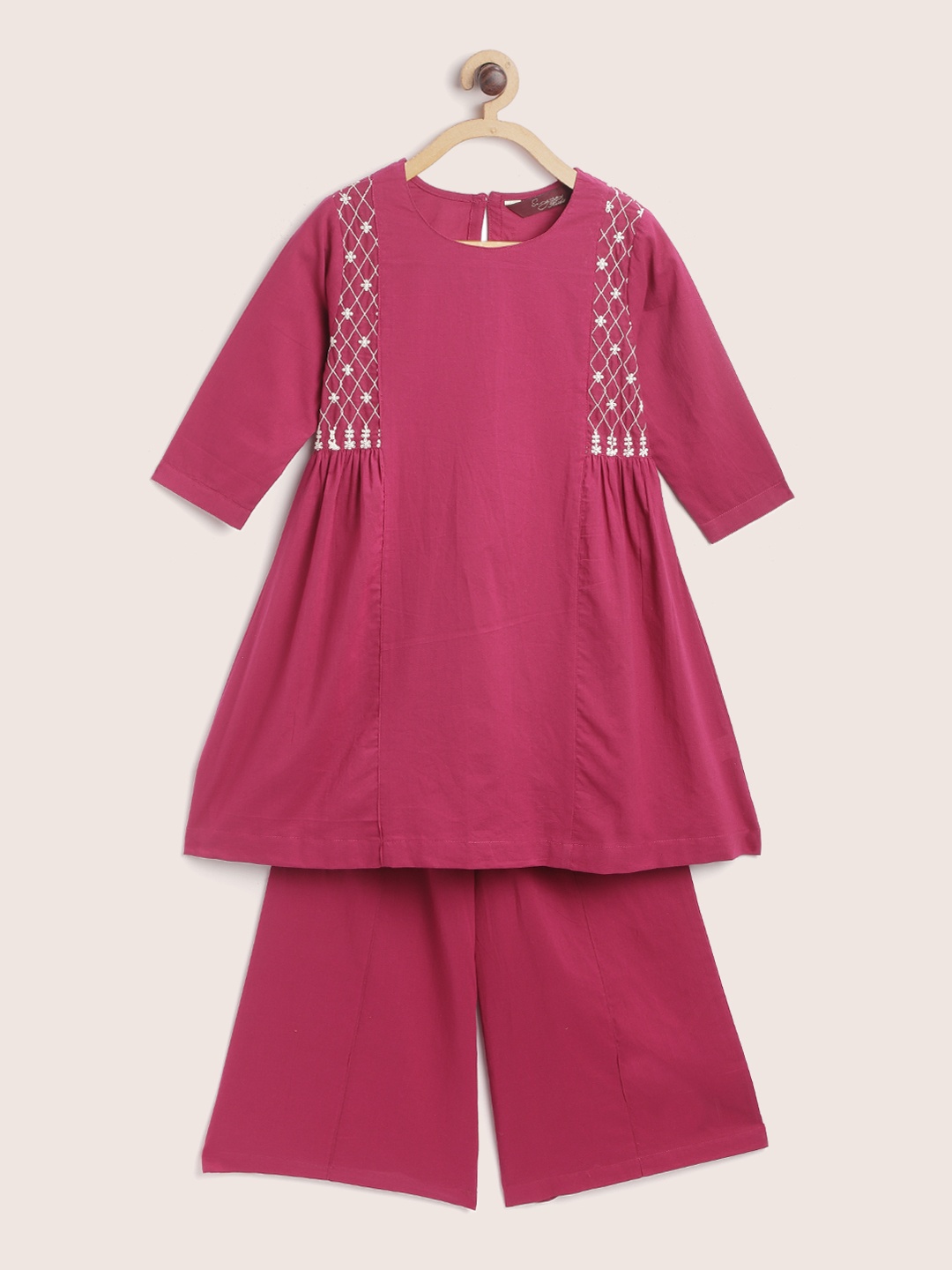 

Sangria Girls Rust Magenta & Beige Embroidered Detail Pure Cotton Kurta & Palazzos