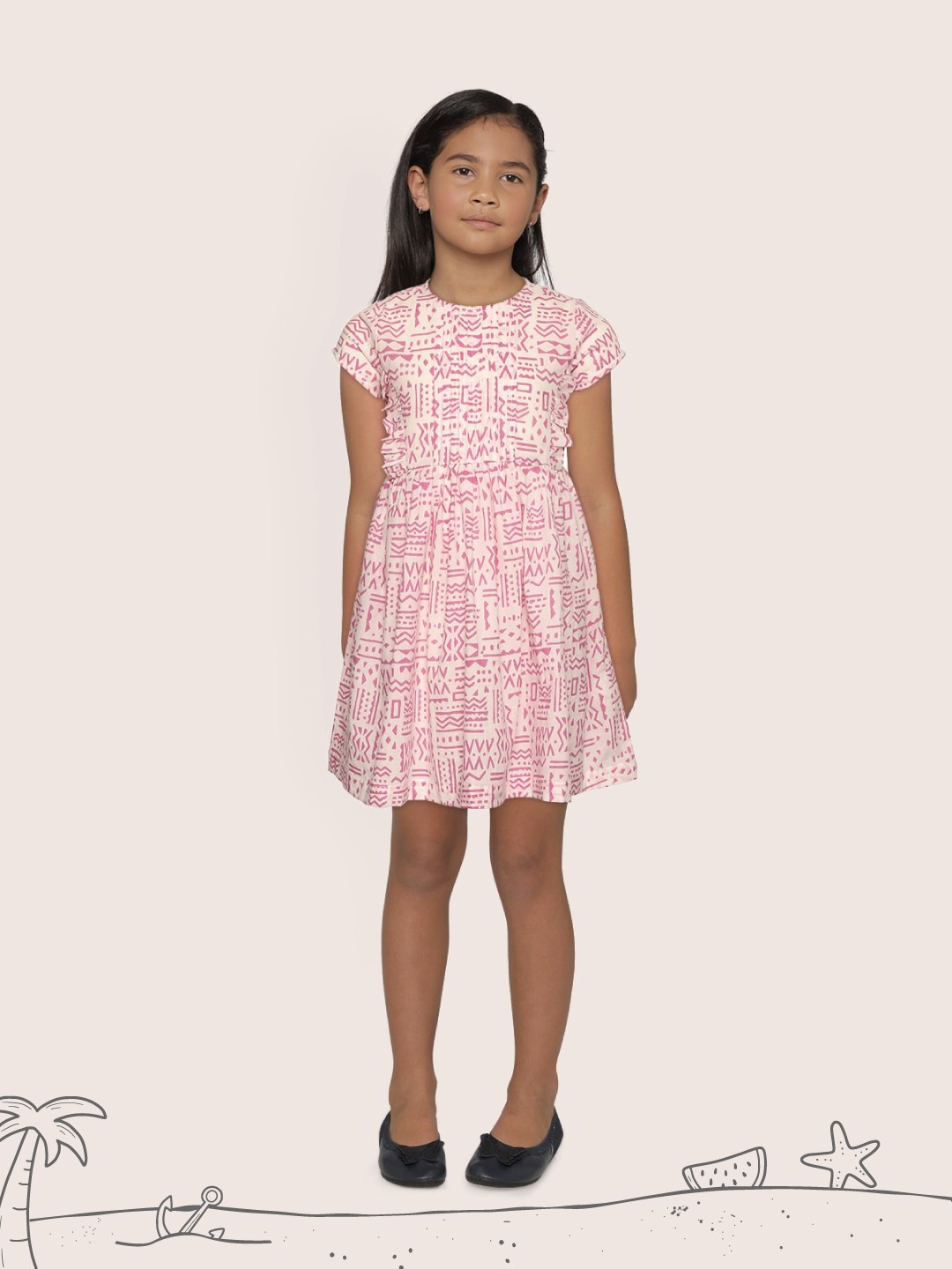 

Sangria Girls Pink & White Tribal Print Pure Cotton A-Line Dress with Gathers