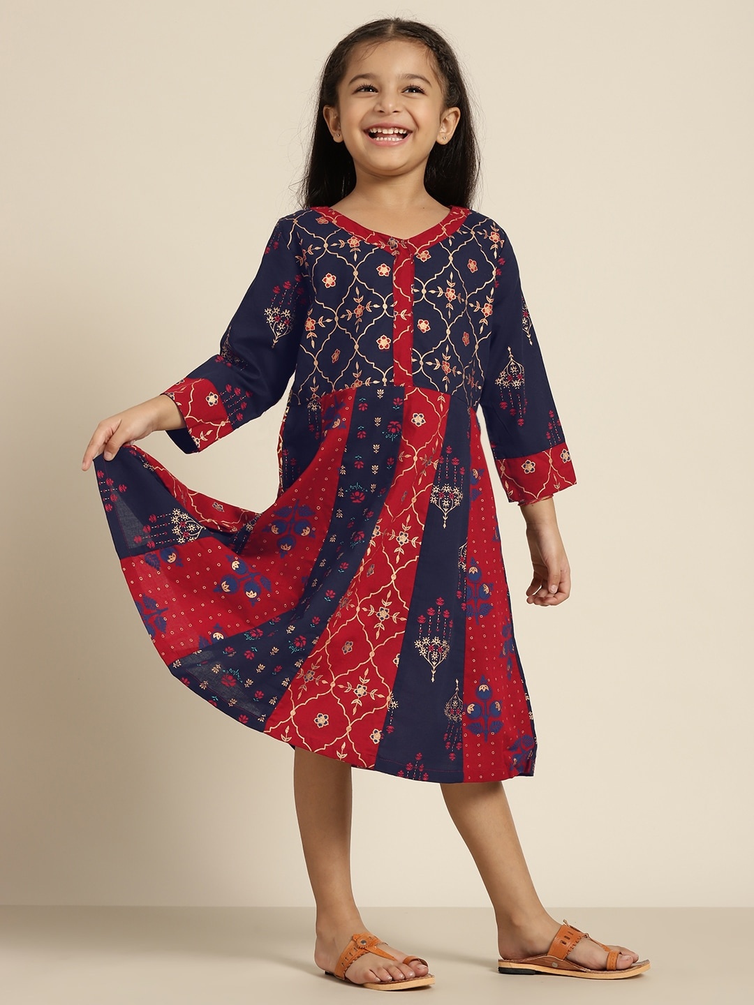 

Sangria Girls Navy Blue & Red Pure Cotton Ethnic Printed A-Line Dress