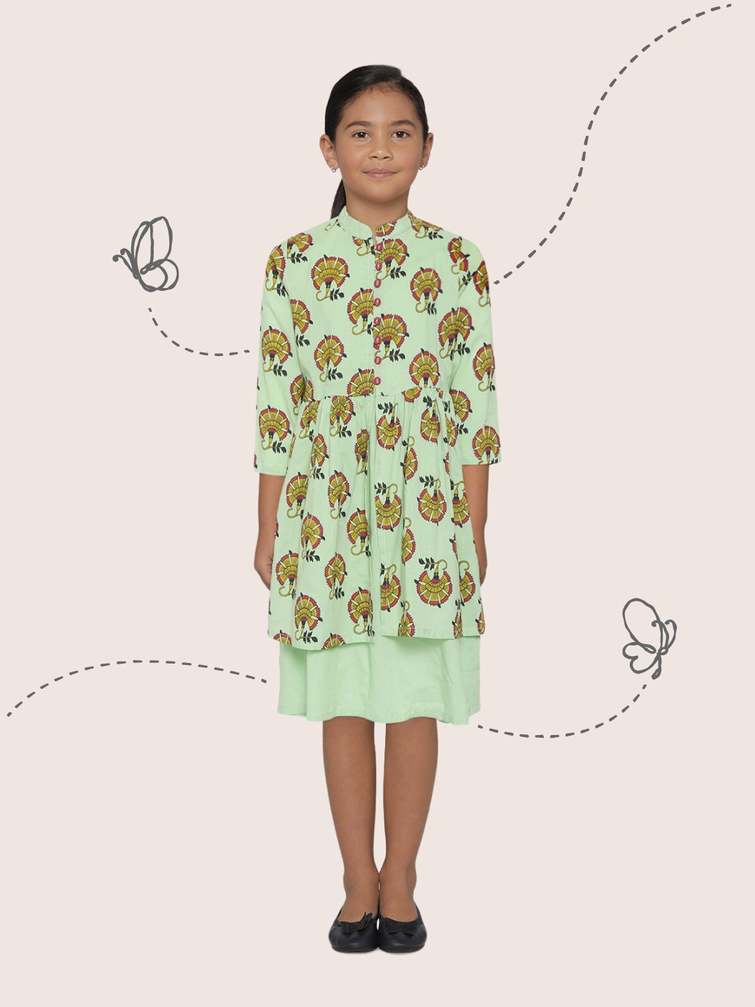 

Sangria Women Green & Mustard Yellow Pure Cotton Ethnic Print Layered Fit & Flare Dress