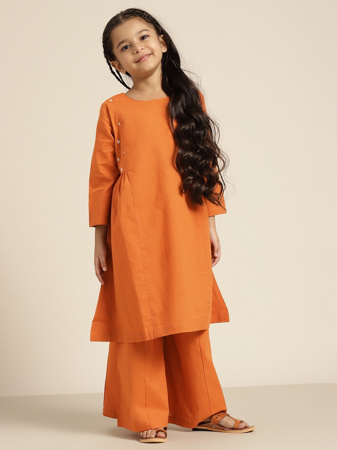 

Sangria Girls Rust Orange & White Embroidered Detail Pure Cotton A-Line Kurta & Palazzos