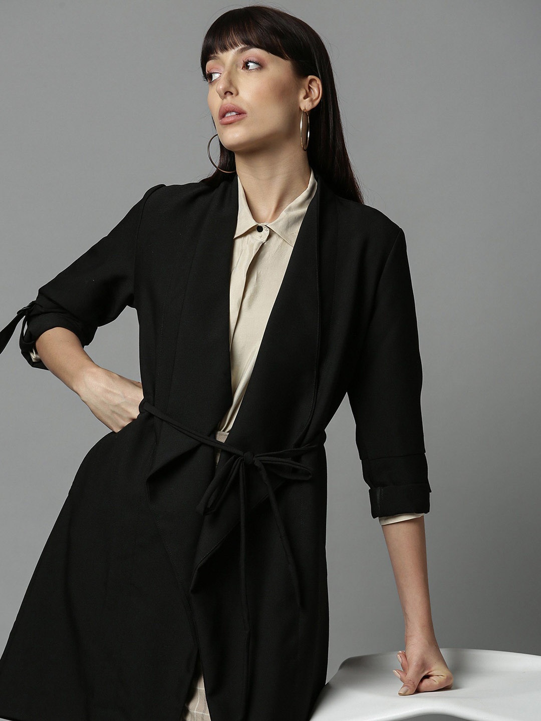 

RAREISM Women Black Solid Tie-Up Shrug