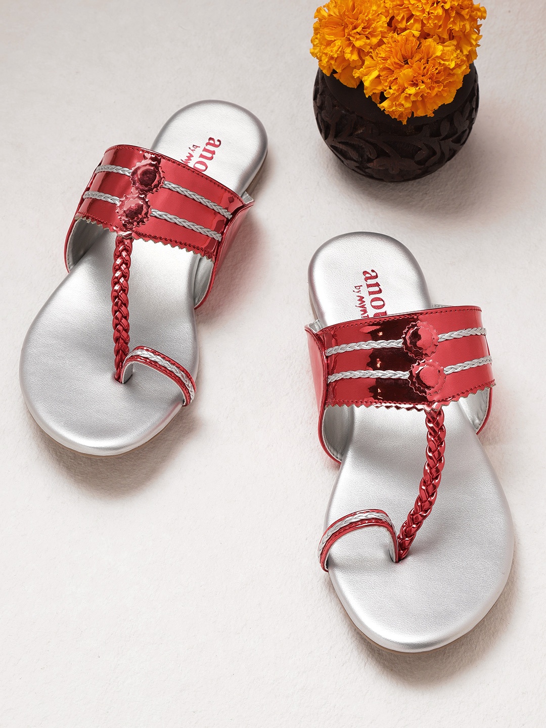 

Anouk Women Red & Silver-Toned Metallic Braided One Toe Flats