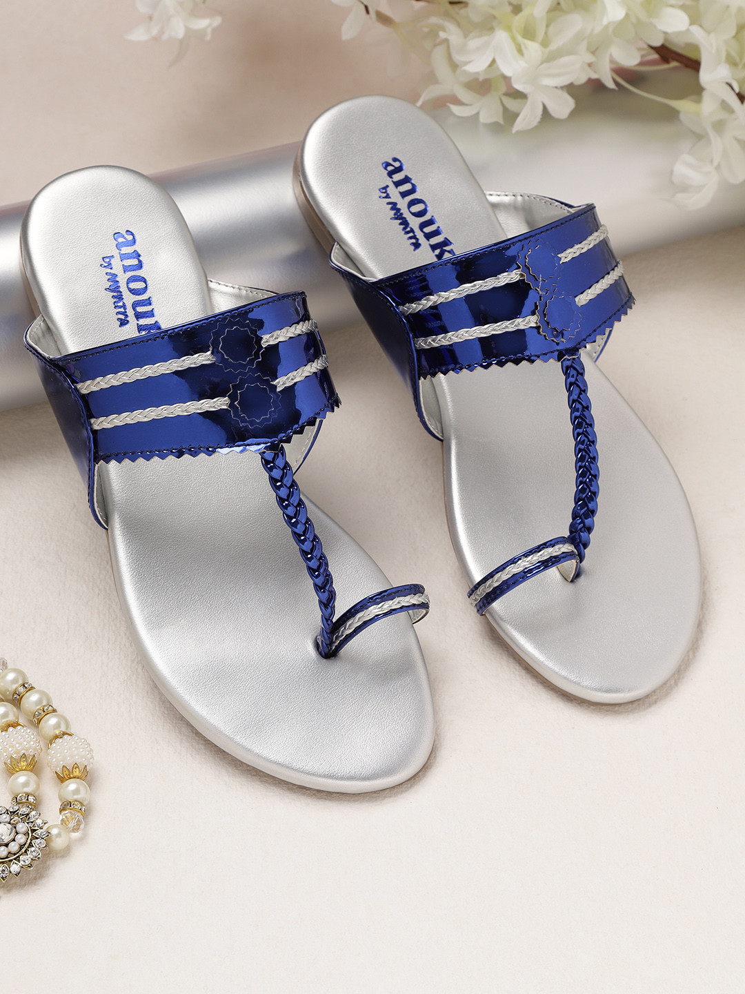 

Anouk Women Blue & Silver-Toned Braided One Toe Flats