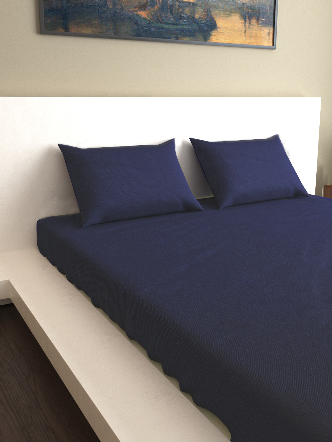 

MARK HOME Navy Blue Solid 100% Cotton 200 TC Classic Sateen Double Queen BedSheet With 2 Pillows
