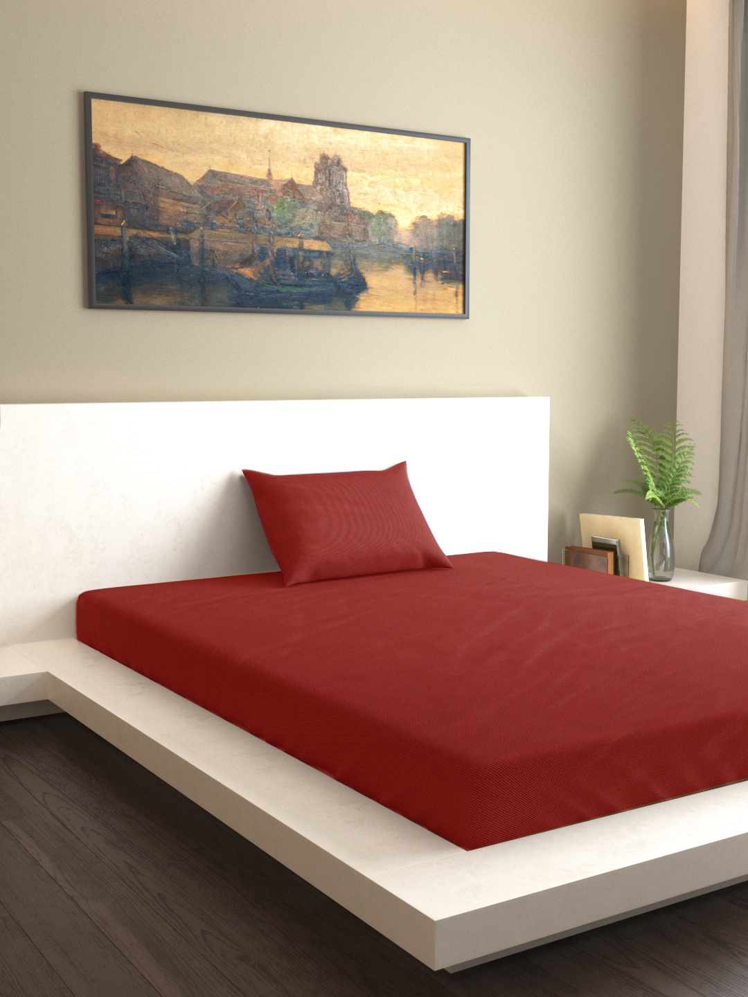 

MARK HOME Maroon Solid 200 TC 100% Cotton Classic Sateen Single Bedsheet With Pillow Cover