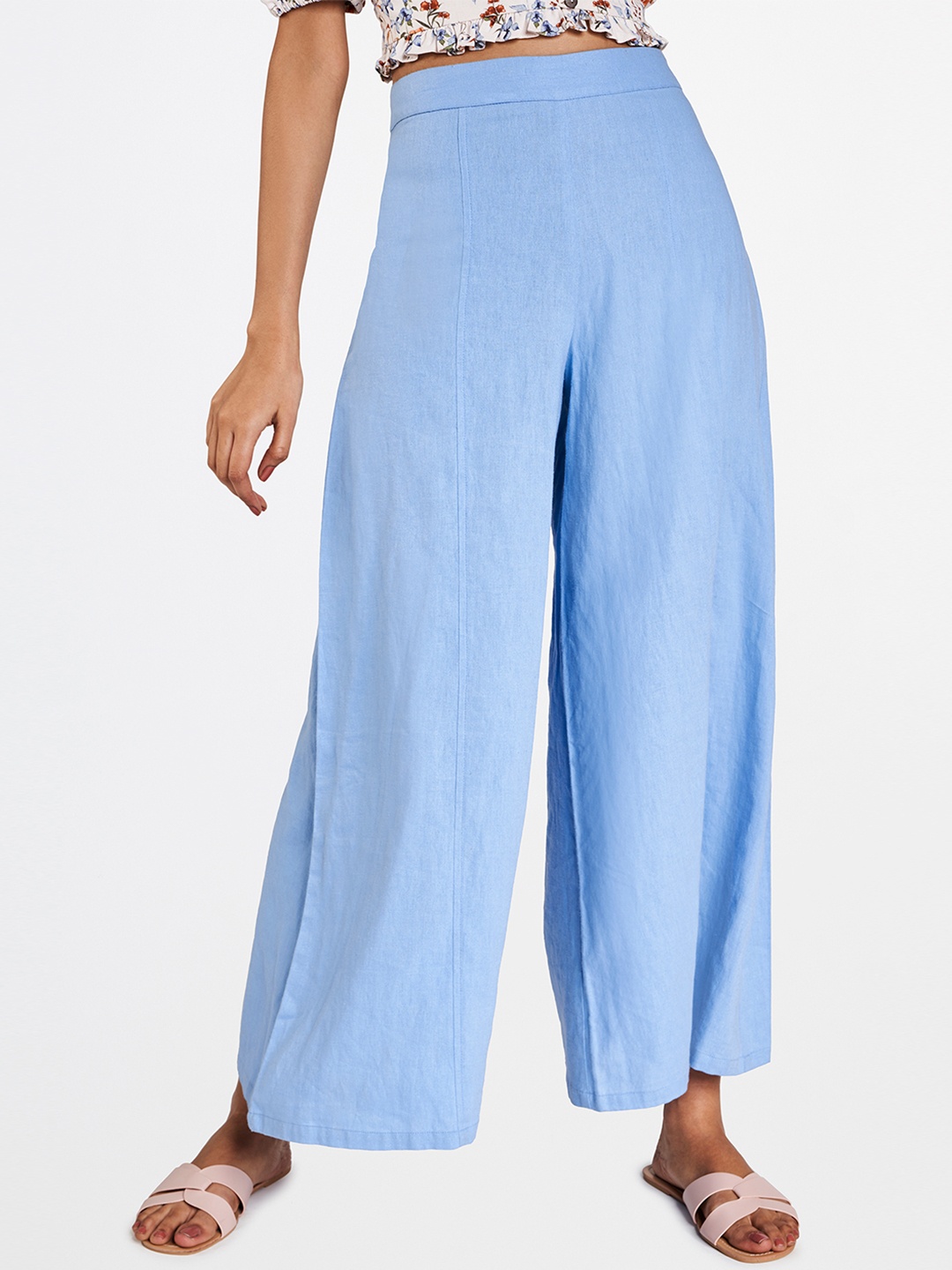 

AND Women Blue Solid Wide Leg Palazzos