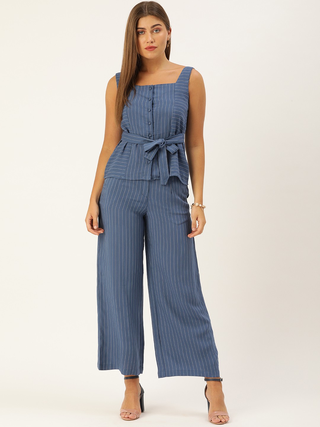 

AND Women Blue & White Striped Top with Trousers