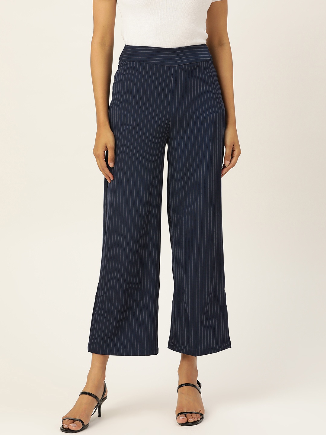 

AND Women Navy Blue & White Regular Fit Striped Trousers