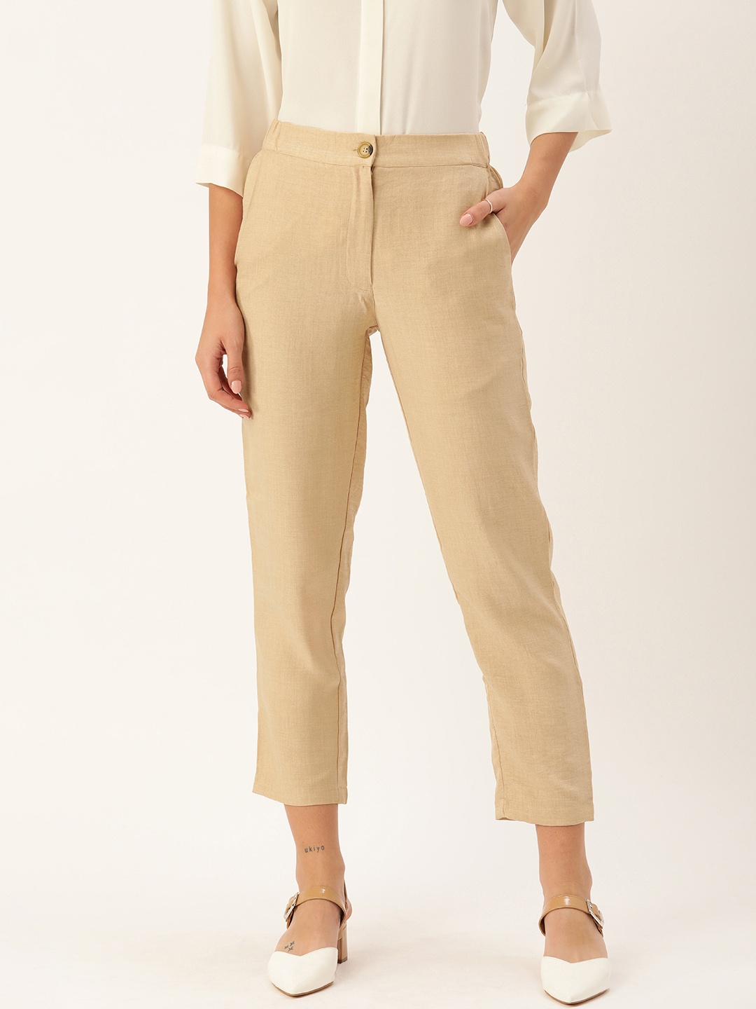 

AND Women Beige Solid Mid-Rise Formal Trousers