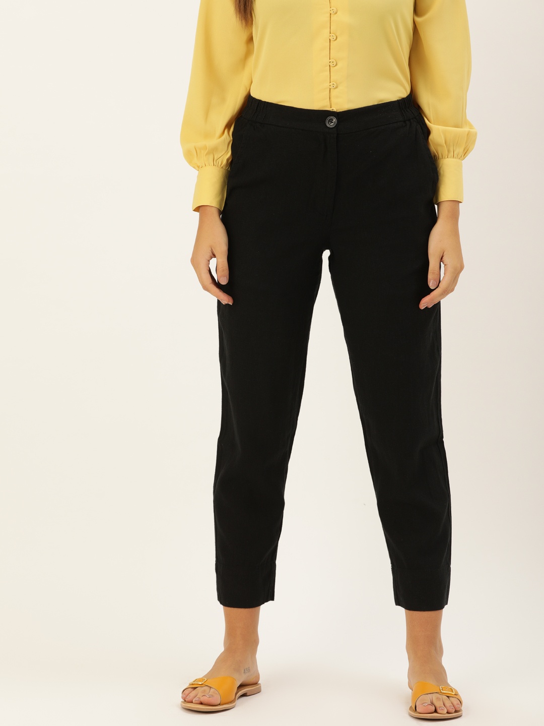 

AND Women Black Solid Cropped Regular Linen Trousers