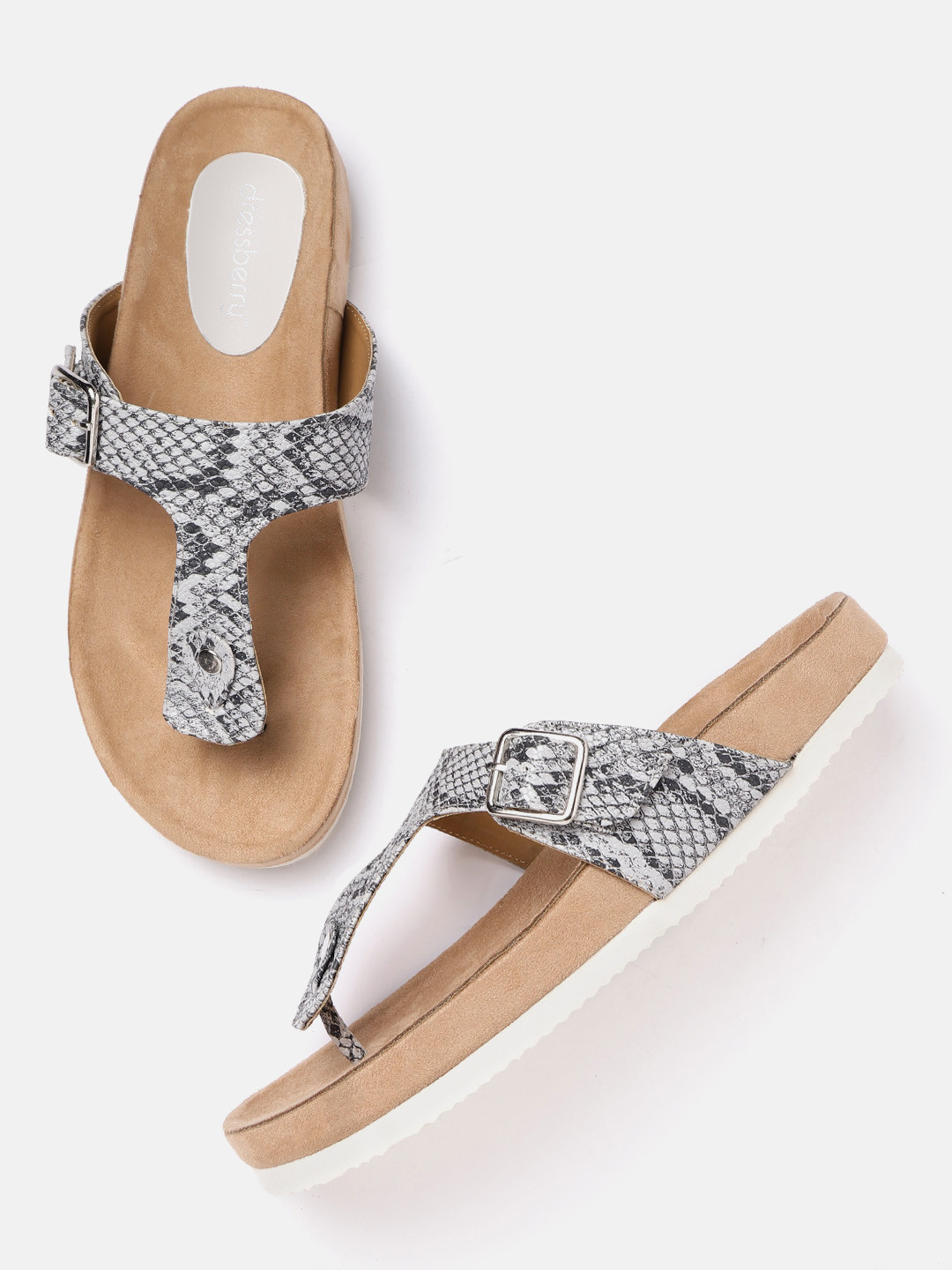 

DressBerry Women Grey & Black Snakeskin Textured T-Strap Flats