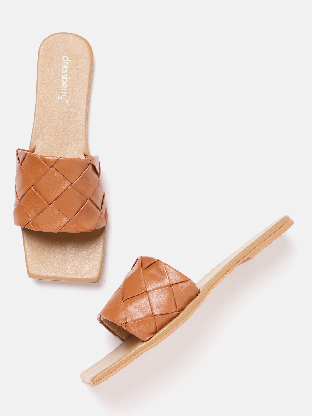 

DressBerry Women Tan Brown Basketweave Open Toe Flats