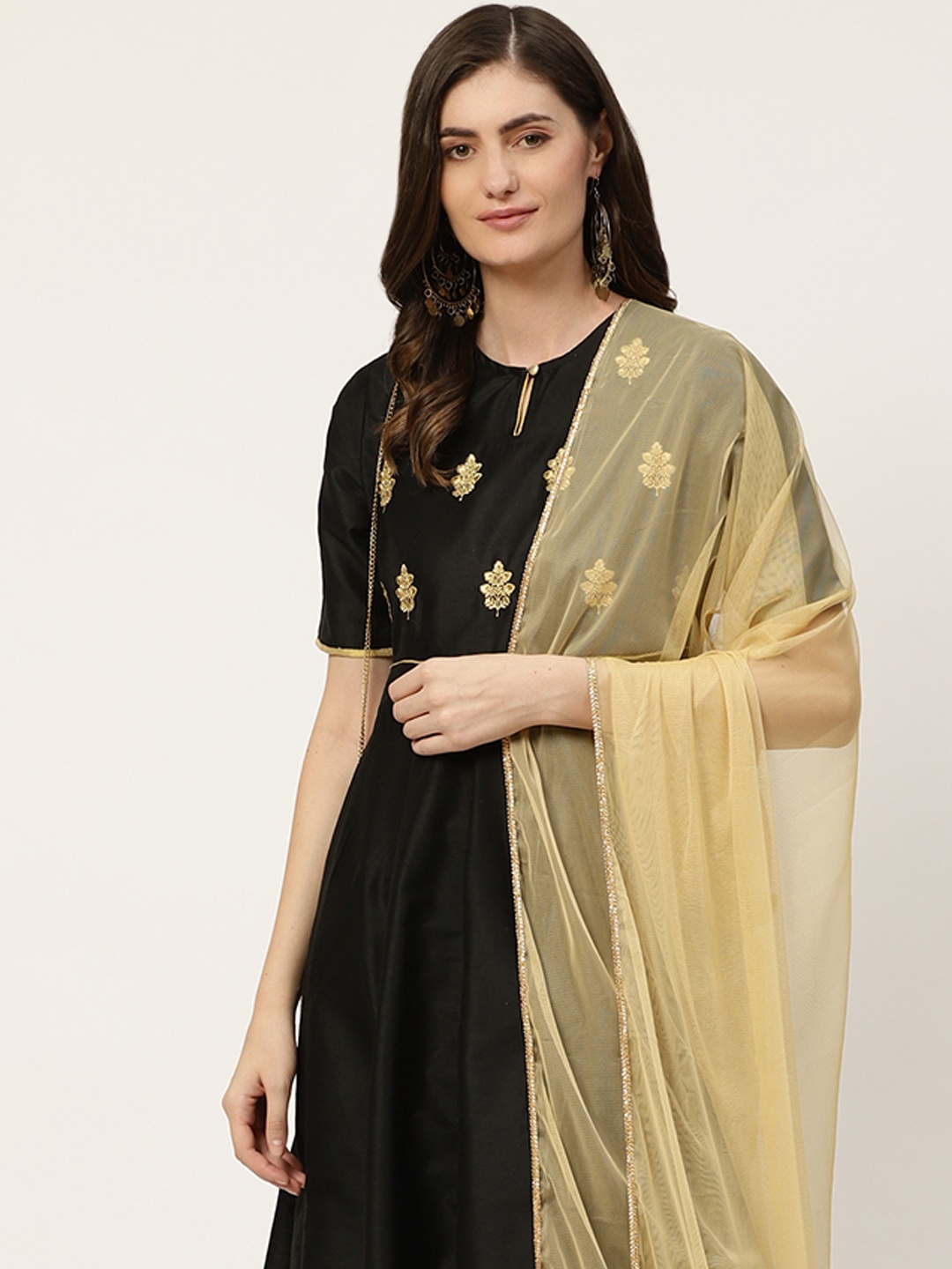

all about you Women Black & Golden Yoke Embroidered A-Line Dress with Dupatta