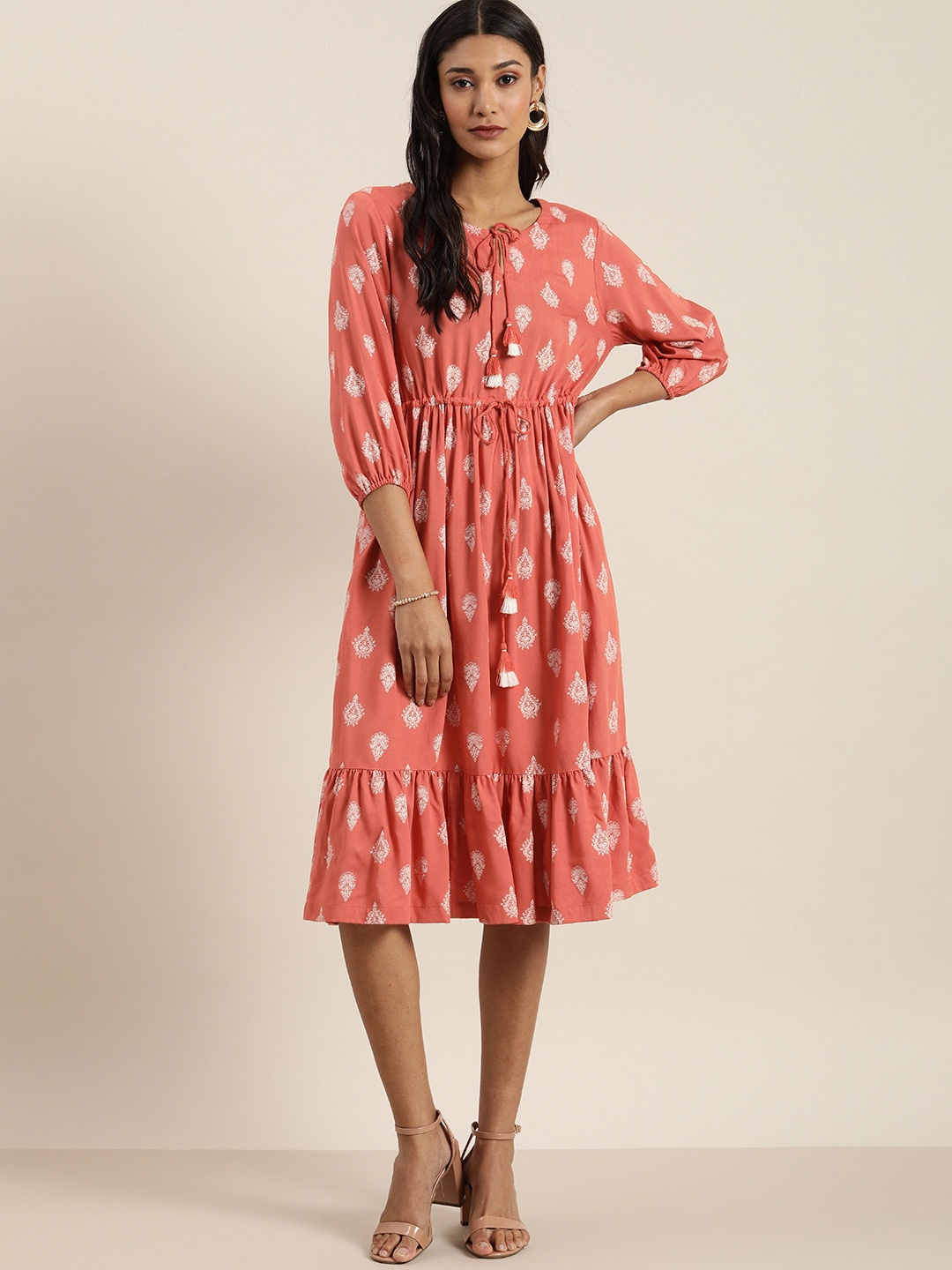 

all about you Women Coral Pink & White Printed A-Line Dress