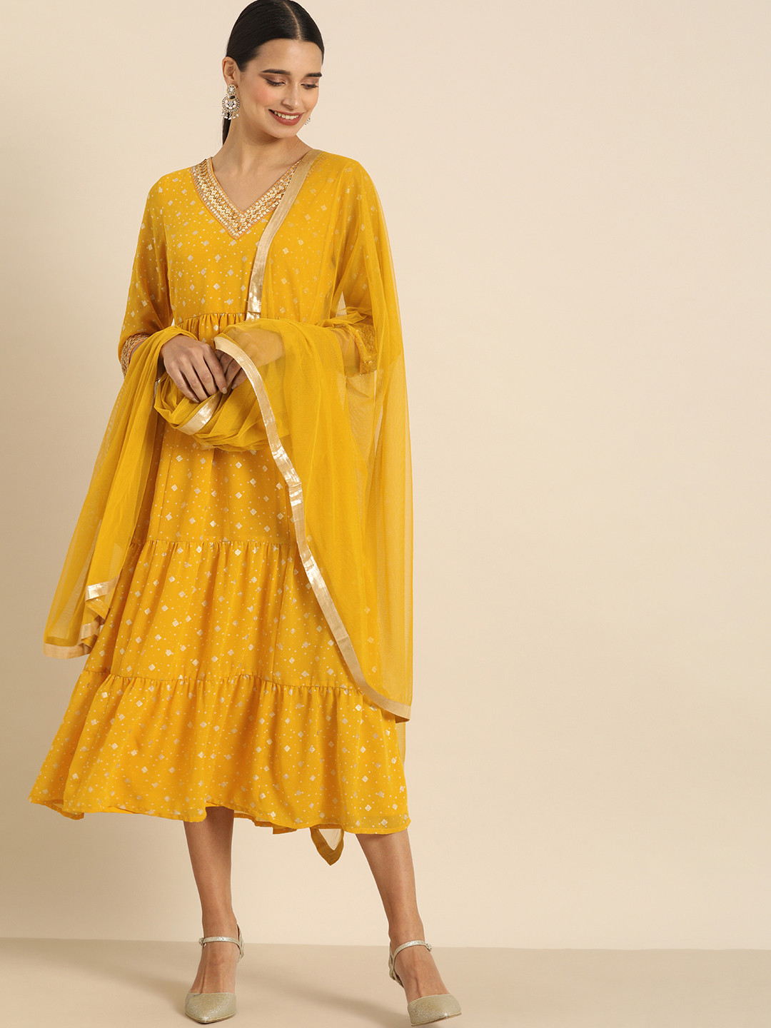 

all about you Women Embellished Mustard Yellow & Gold-toned Printed Tiered Dress & Dupatta
