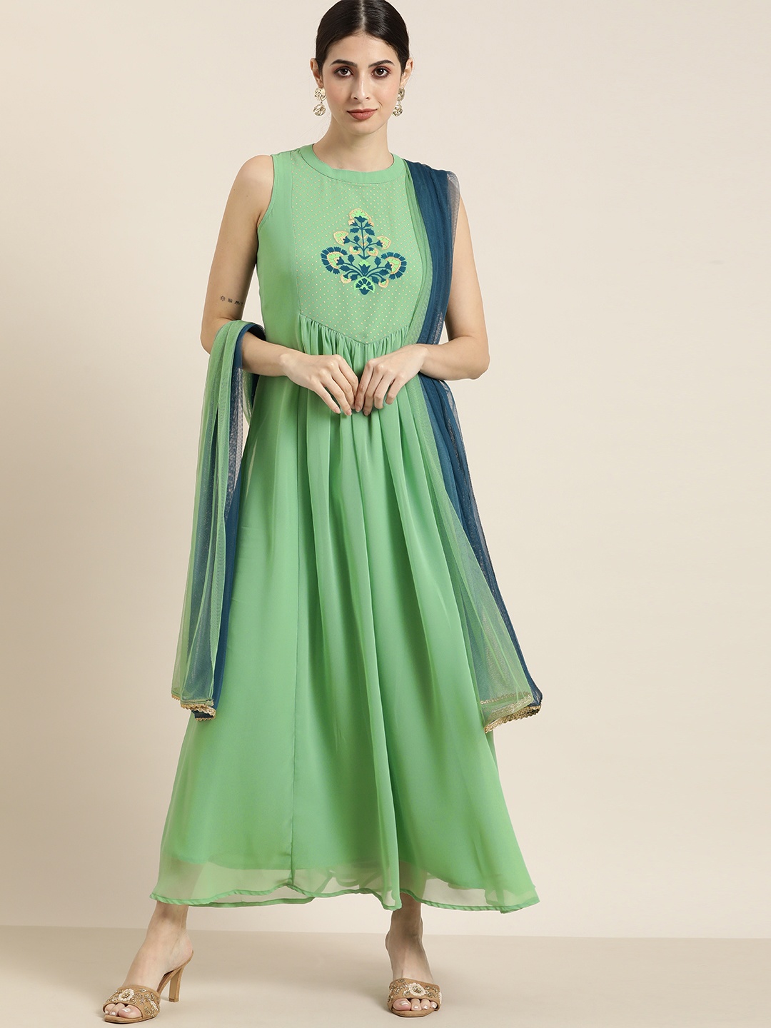 

all about you Green Printed Maxi Dress with Dupatta