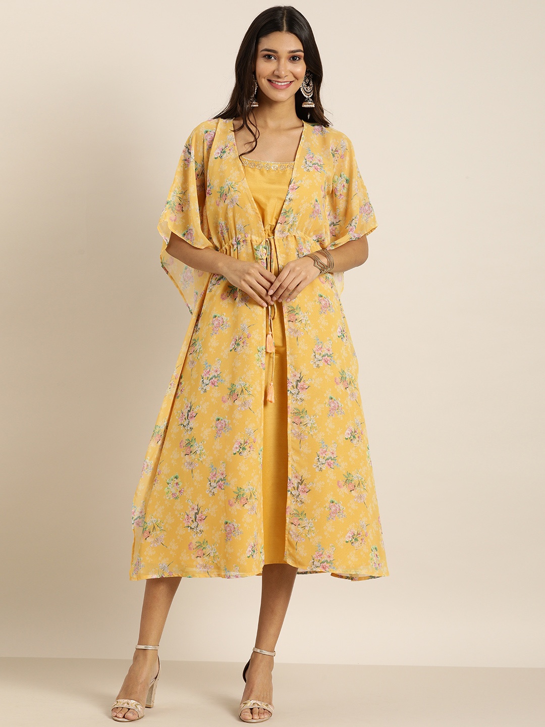 

all about you Mustard Yellow and Pink Floral Layered Dress
