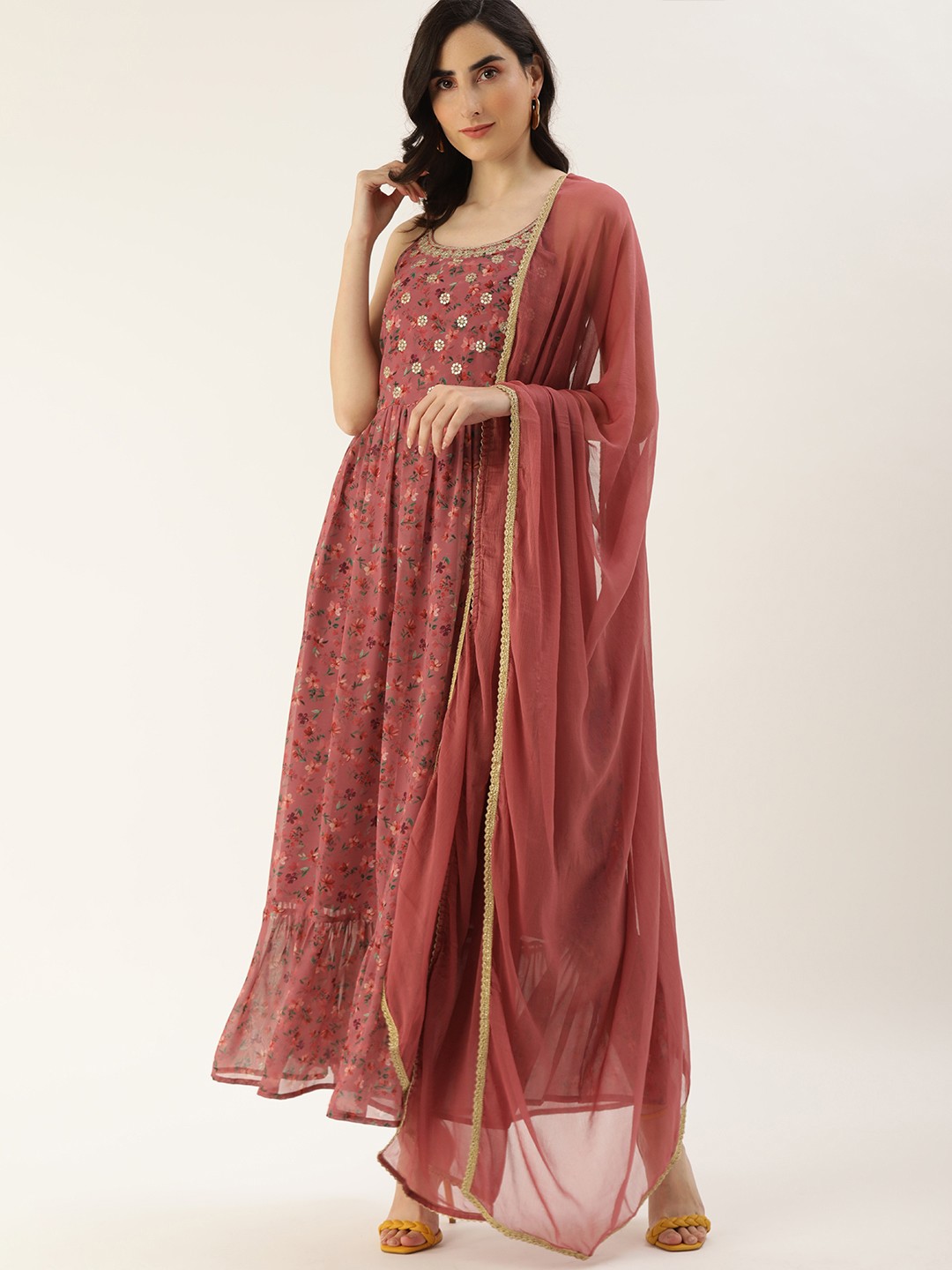

all about you Pink Floral Ethnic Maxi Dress with Dupatta