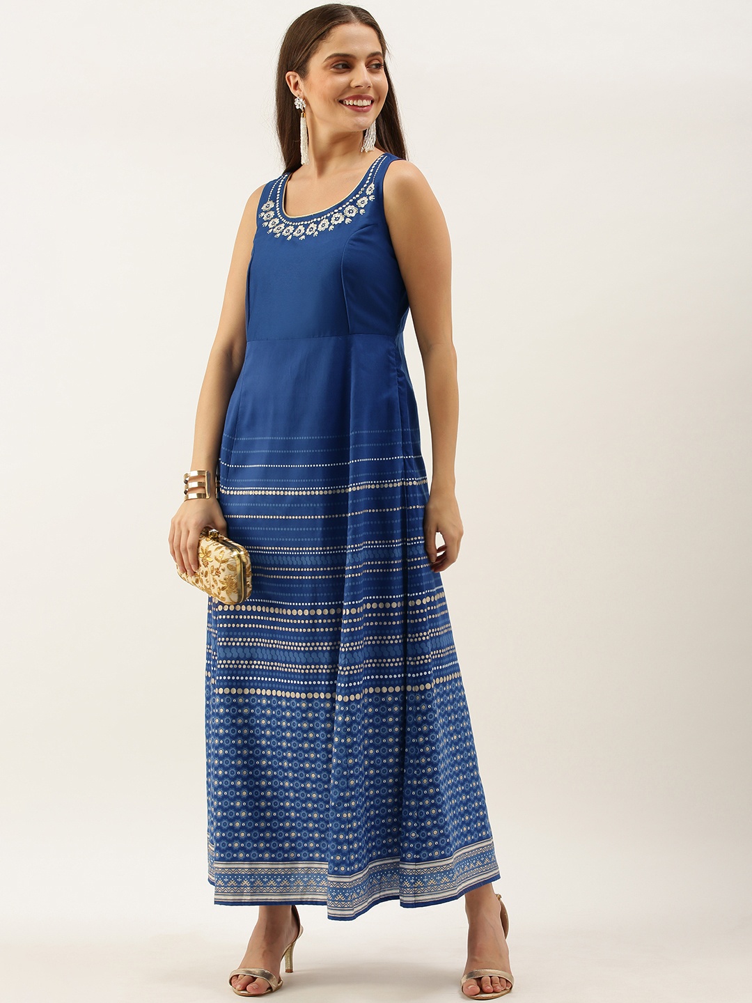 

all about you Blue & White Printed A-Line Maxi Dress With Embroidery