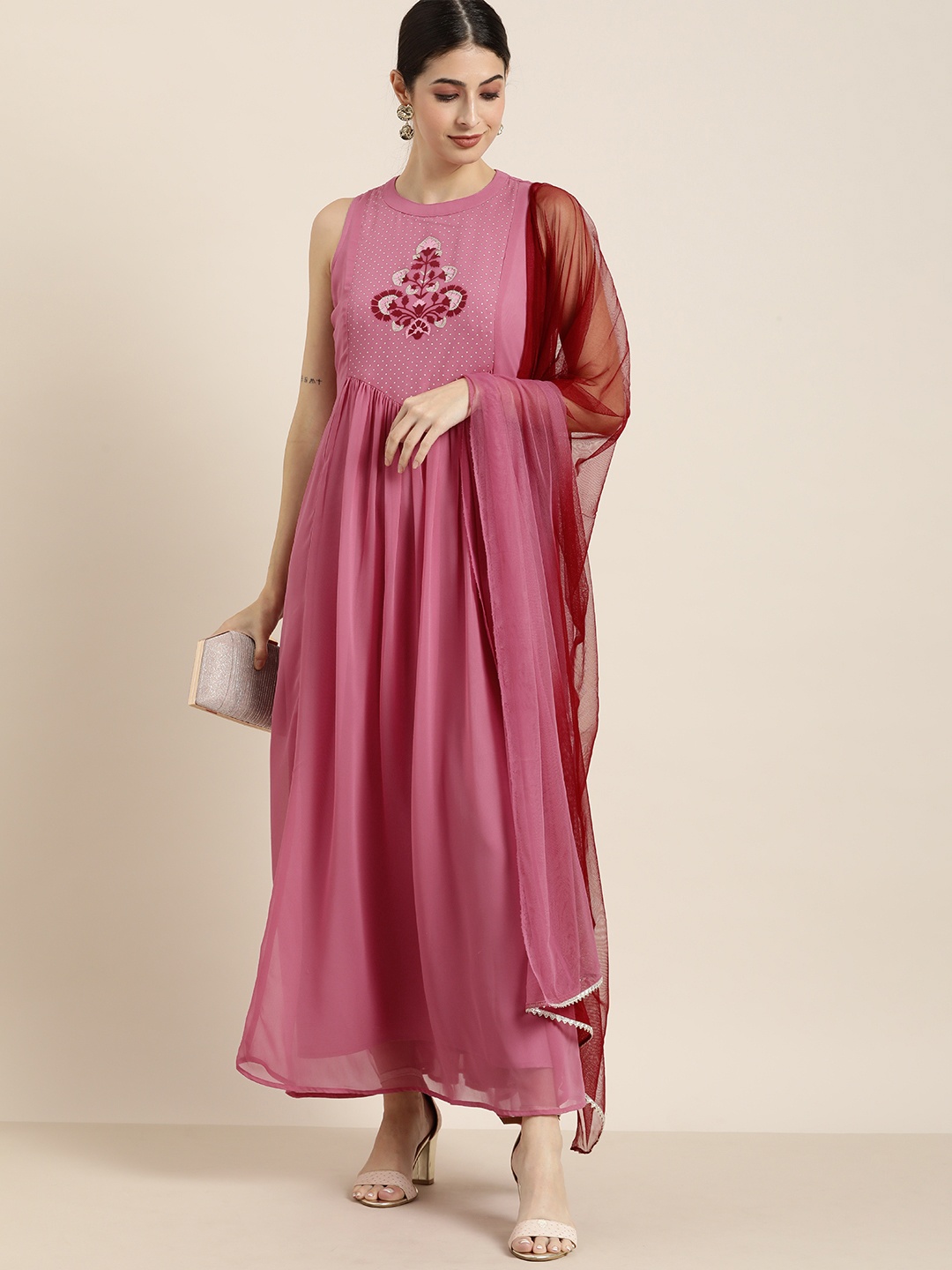 

all about you Pink Printed Maxi Dress with Dupatta