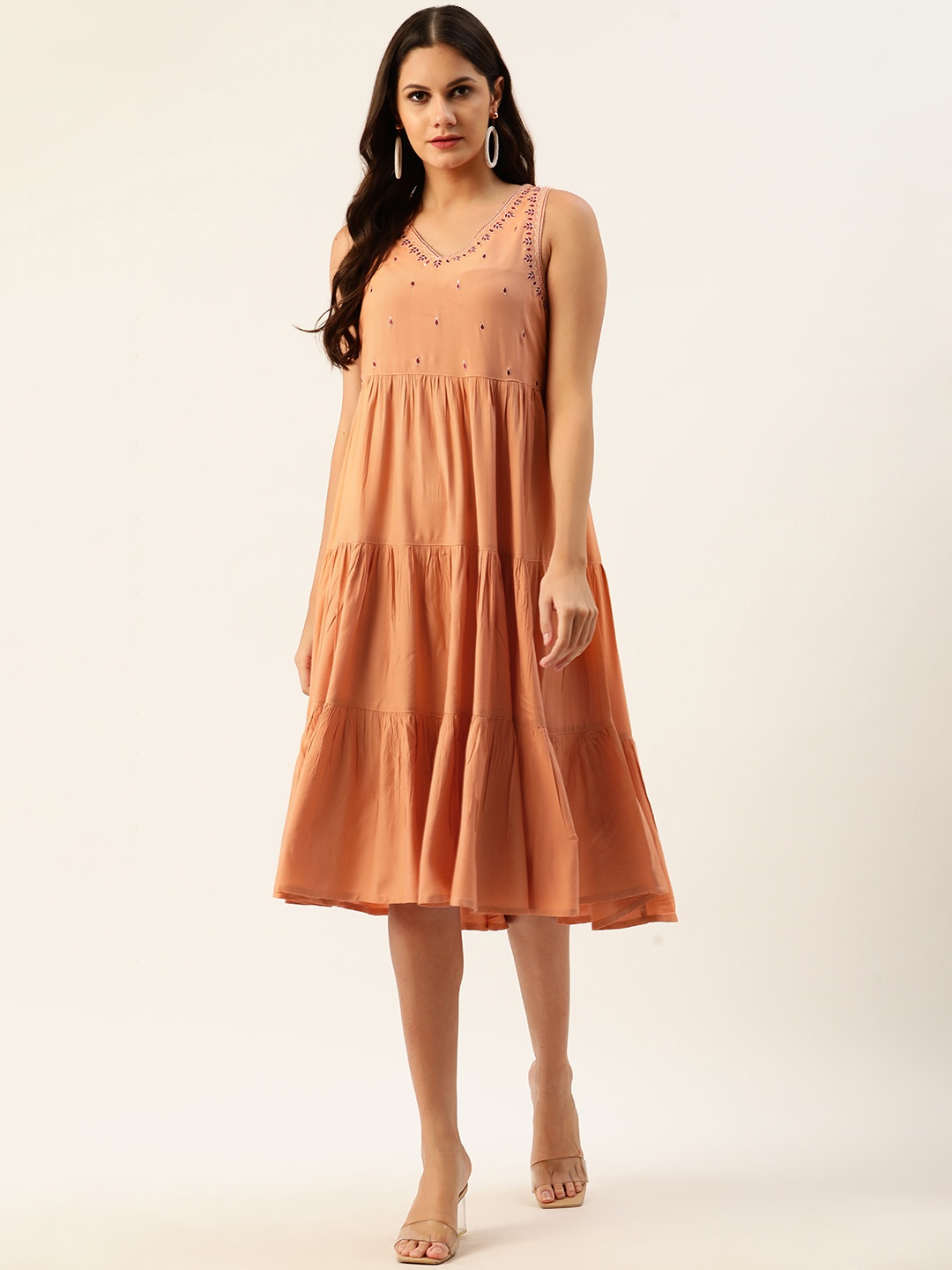 

all about you Peach Ethnic Motifs Tiered Dress