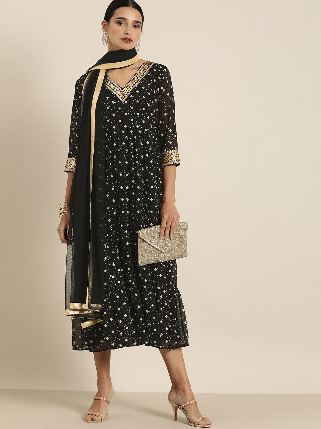 

all about you Women Embellished Black & Gold-Toned Printed Tiered Dress With Dupatta
