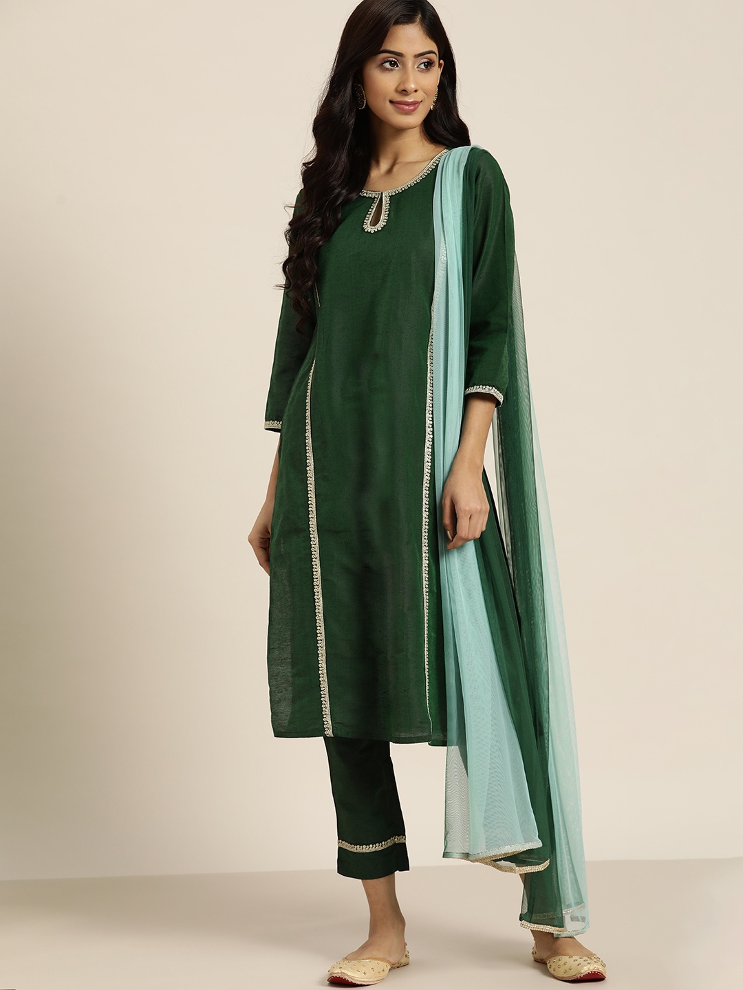 

all about you Women Green Regular Thread Work Kurta with Trousers & With Dupatta